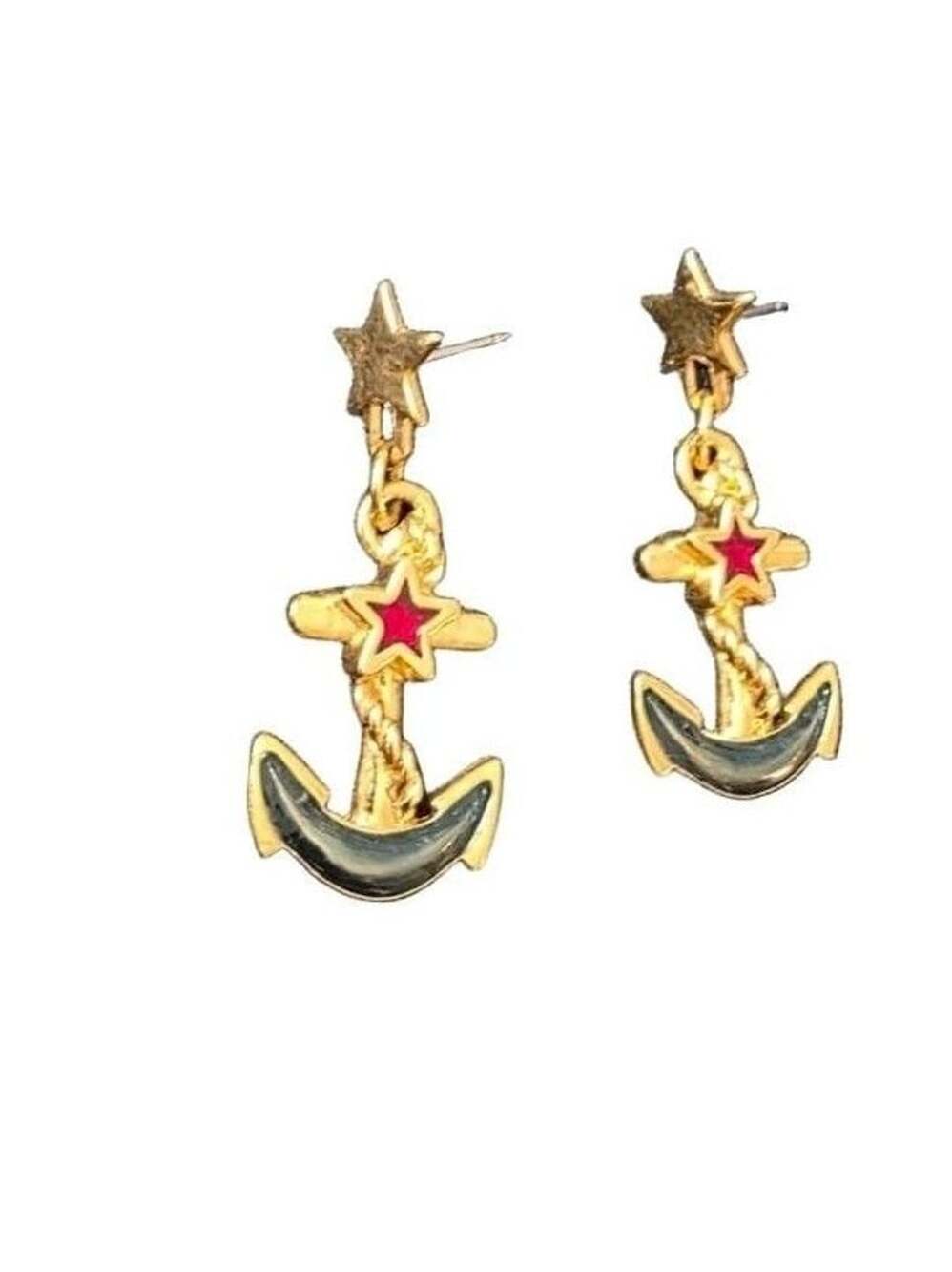 Avon Nautical Anchor & Star Dangle Pierced Earrings Gold Tone Enamel